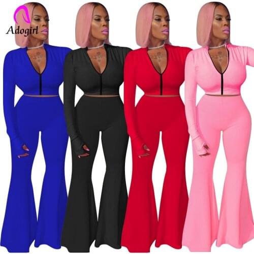 Fitness 2020 Autumn Winter Women Set Zipper Up Tops Wide Leg Flare Bell Bottom Pants Suit Tracksuit Sport Two Piece Set Outfits