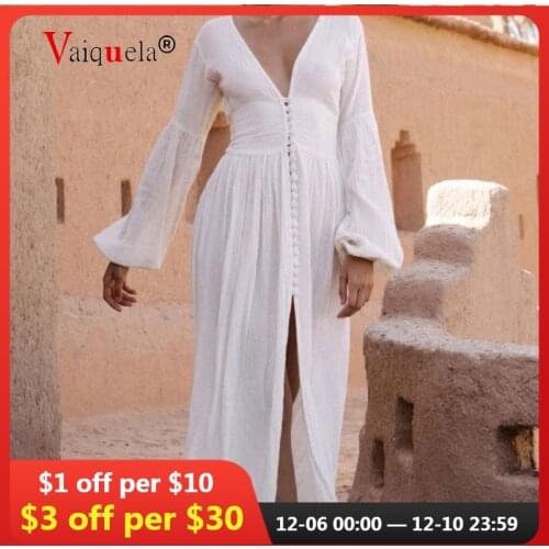 2020 New French Retro V-neck Lantern Sleeve Long Dress Waist Pleated Loose Temperament Dress white dress willon green dress hot