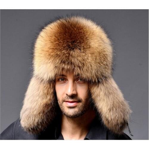 2020 Hot Functional Leather Russian Ushanka Mens Winter Warm Real Raccoon Fur&Lamb Bomber Hats Cossack Trapper Hats Fashion