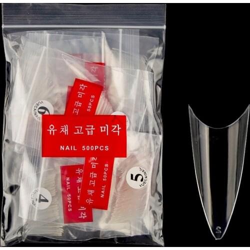 500Pcs Korean Pointed End Clear/Natural Acrylic False Nail Tips UV Gel Nail Polish Ultra Flexible Size 0-9# Fake Nail Salon Tool