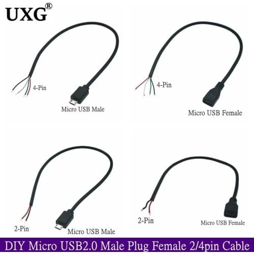 5pcs 30cm DIY Micro USB 2.0 Male Plug Female Jack Connector 4 Pin 2 Pin Extension Cable Wire Cord Power Charge Data Transmission