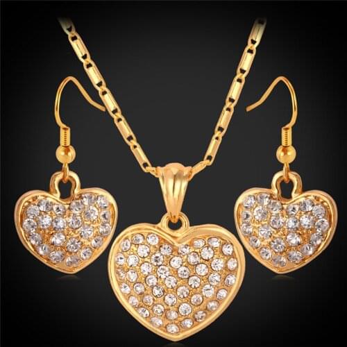 New Gold/Silver Color Hearts Pendant Necklace Earrings Jewelry Set Austrian Rhinestone Jewelry Set Gift For Women PE715