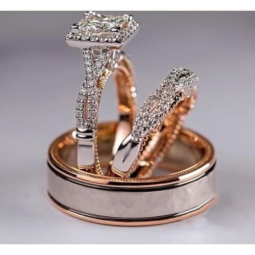 USTAR 3pcs rings set for women Square AAA Zircon Rose Gold color wedding rings female fashion Jewelry top quality gift