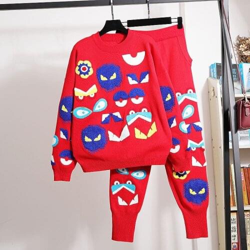 Red Tracksuits Women Knitted Set Fashion Embroidery Pullover Sweater Pencil Pants Outfits Female Loose 3 Color Knitting Suit 2pc