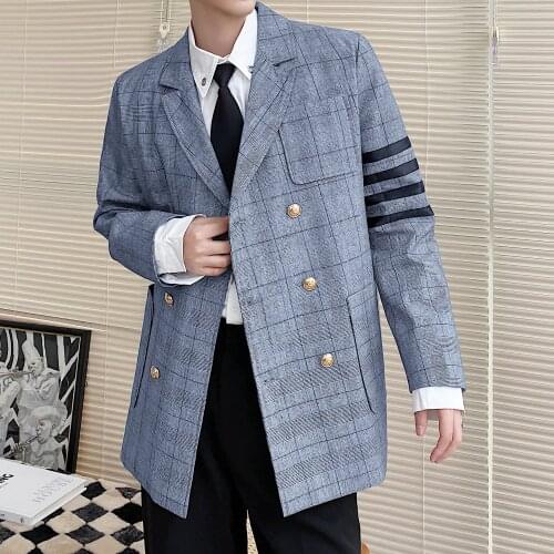 Blazer Men British College Style Plaid Suit Coat For Men Blazer Xadrez Masculino Chaqueta Hombre Formal Suit Jacket Men Gray