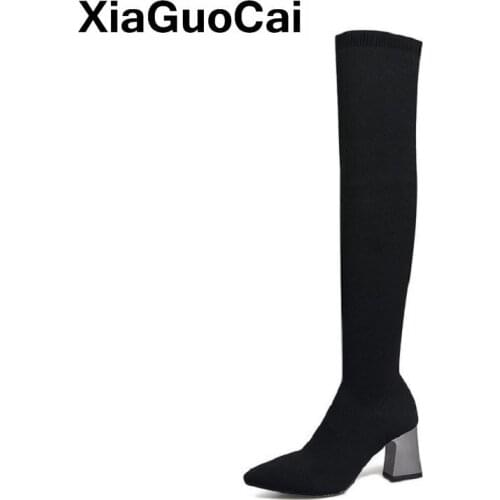 Autumn Winter Women Boots Over-the-knee Fashion Long Boots Black Slim Sexy Ladies Shoes High Heels Pointed Toe Knitting Hot Sale