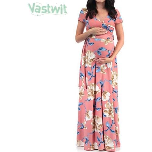 Maternity Dress Pregnant Women Floral Print Short Sleeve V-neck Maxi Long Dress For Photography Photo Summer Maternity Gown