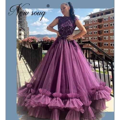 Saudi Arabia Illusion Prom Dresses Custom Beaded Purple Party Dress Abendkleider Dubai Kaftans Evening Dress Arabic 2020 Couture