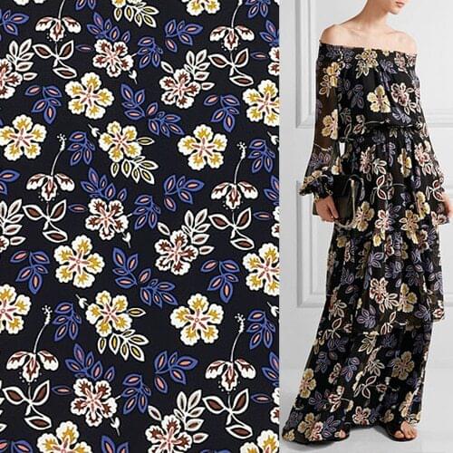 Heavier crepe fabric floral on black silk crepe de chine fabric 24momme,SCDC1074