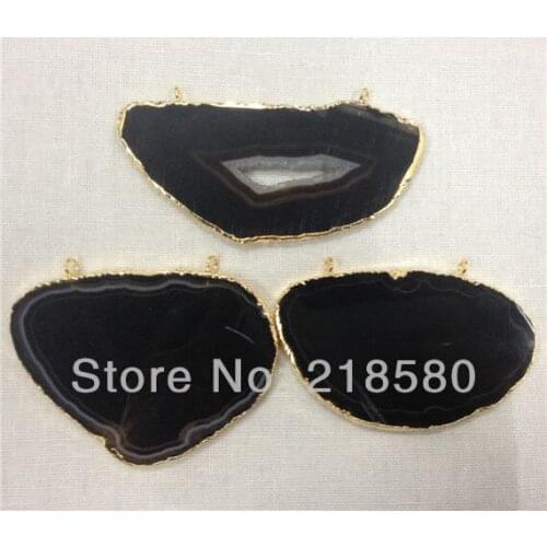 SP-061 Big Size BLACK Created Agates slice Pendant with Gold Layered and Two Bails