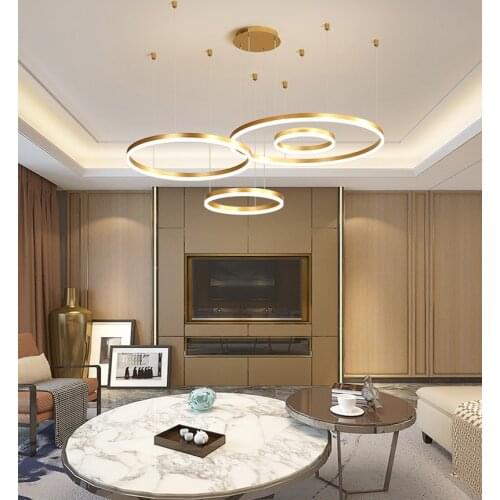 Brushed Rings Pendant Chandelier Lamp Post-Modern Minimalist Dimmable Mounted Circular Hanging Suspension Light Lustre Remote