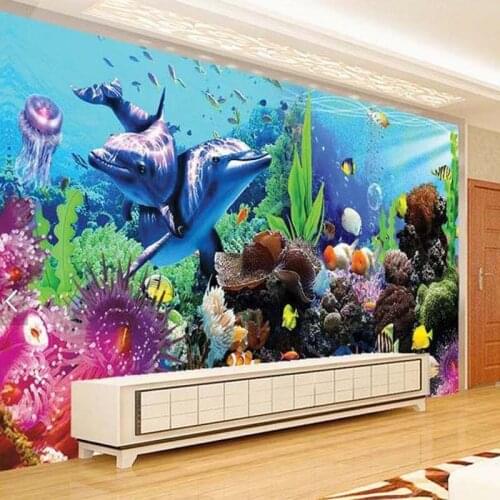 Custom 3D Undersea World Dolphin Coral Wall Mural For Kids Bedroom Wallpaper Children Bedroom Cartoon Mural Papel De Parede 3 D