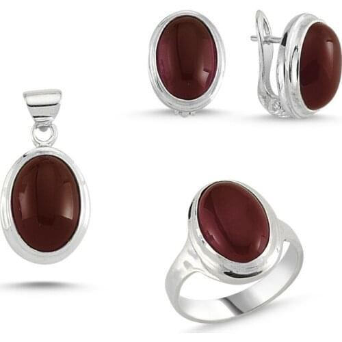 Silver 925 Sterling Red Agate Stone Handwork Set