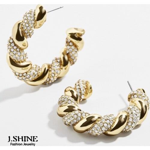 JShine Trendy Exaggerated Twist Rhinestone Paved Earrings Hoops C-Shaped Round Bold Winding Earrings Fashion Jewelry