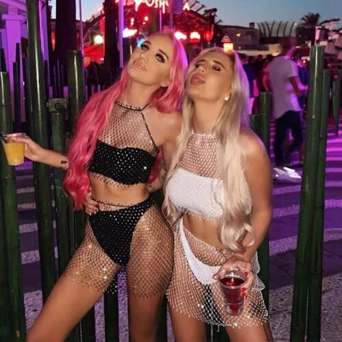 Mesh Hollow Out Fishnet Diamonds Two Piece Set Women Halter Crop Top Sexy Mini Skirts 2 Piece Outfits Summer Beach Matching Sets