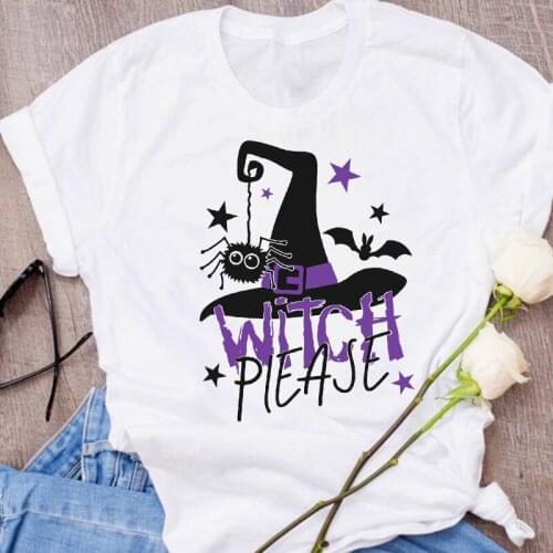 Cartoon Witch Funny Women T-shirts Letter Autumn Fall Halloween Top Female T Shirt Casual Streetwear O-Neck Ladies Tees Clothing