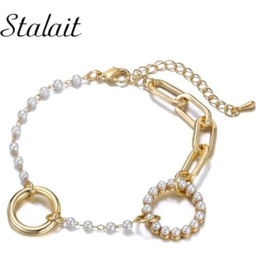 Pearls Circle Pendant Bracelets For Women Friendship Chain Charms Cuban Link Bracelet Braided Gold Wholesale Jewelry