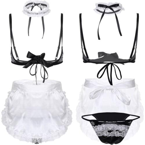 Housemaid Cosplay Party Bowknot Lace Sleepwear Nightclub Outfits with Apron Neck Strap Women Sexy Maid Costumes Lingerie Set