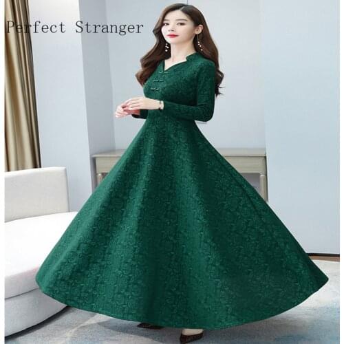2021 Autumn New Arrival High Quality Hot Sale Cheongsam Style V Collar Solid Color Long Sleeve Women Long Dress M-3XL