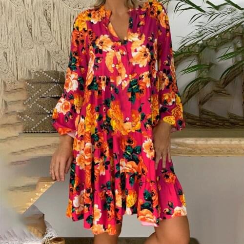 2021 Women Dress Floral Print Ruffles Hem Summer Long Sleeve V Neck Boho Dress for Beach Loose Mini Dress Women Clothing M-3XL
