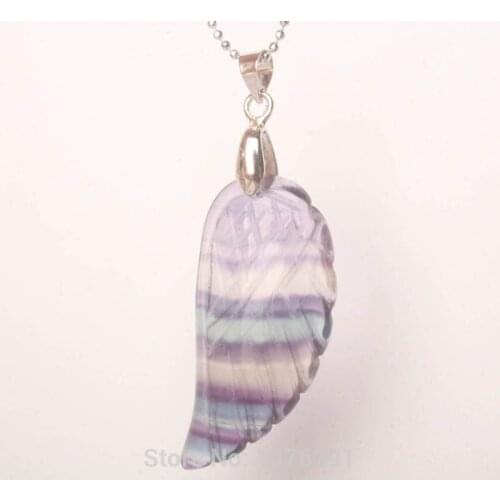Fashion 35X16MM Natural Fluorite Stone Bead Carved Angel Wings Feather Pendant 1PCS