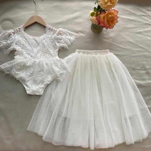 2021 Baby Flowers Girls Dress Clothes Outfit Kids Birthday Lace Embroidery Romper+Skirt Ruffles Onesie Toddler White Baptism Set