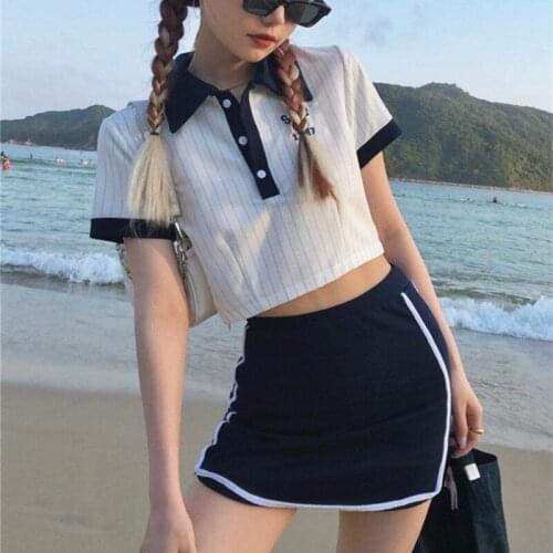 2021 Vintage Preppy Crop POLO Shirt+Mini Skirts Dress Sets Women Summer Kawaii Clothes 2021 New Korean Trend Teens Girls Suits