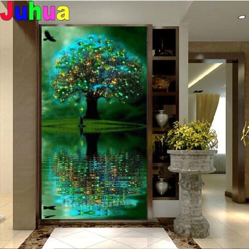 5d Round iamond Mosaic abstract Fluorescence Green fantasy tree,diy full drill diamond embroidery mosaic natural landscape large