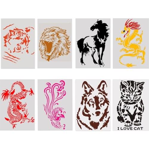 8Pcs Animal Cake Stencils Dragon Horse Tiger Phoenix DIY Kids Painting Scrapbook Templated Stamping Fondant Cake Decorating Tool