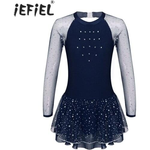Kids Teen Girls Ballet Leotard for Girl Ballerina Tutu Dance Wear Costumes Glittering Rhinestone Mesh Figure Ice Skating Dress