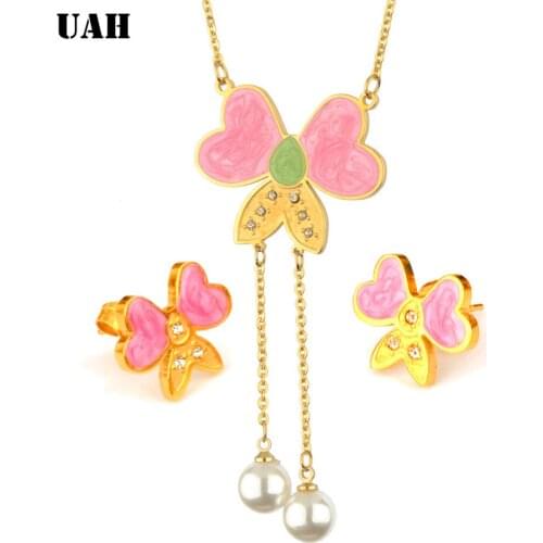 UAH Free shipping Fashion full rhinestone butterfly imitation pearl Earrings and Necklace Jewelry Set wholesale for women