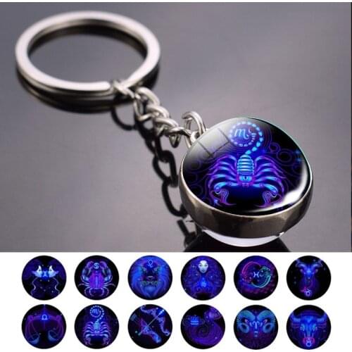 12 Constellation Keychain Fashion Double Side Cabochon Glass Ball Keychain Zodiac Signs Jewelry For Men For Women Birthday Gift
