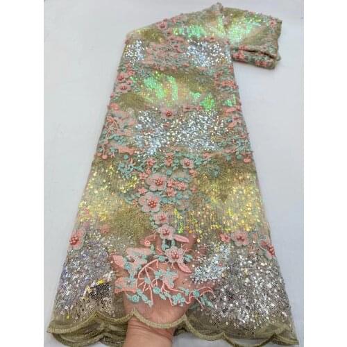 Flower Pattern Sequins Lace Fabrics Embroidery African French Tulle Lace Fabrics Sequence Laces Nigerian Mesh Lace JJN725