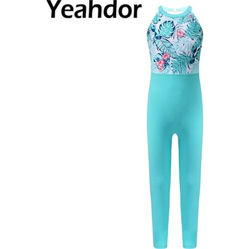 Kids Girls One-Piece Print Sport Jumpsuit Fitness Dancewear Halter Sleeveless Backless Mesh Patchwork Full Length Leotard