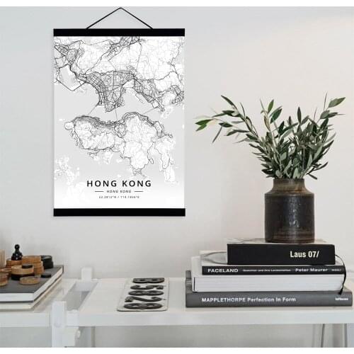 Hong Kong City Map Wooden Framed Canvas Painting Home Decor Wall Art Print Pictures Poster Hanger