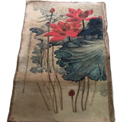 Chinese Old Scroll Zhang Daqian - Golden Thread Lotus Pictures Painting Rice