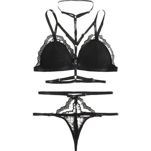 2 Pieces Sexy Lingerie Set, Solid Color Harness Lace Underwear and T-Back for Women, Black, S/M/L/XL