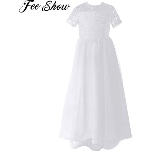 Princess Girls Short Sleeve Lace Dress White Girl Elegant Dress Flower Girl Dresses for Wedding Party Bridesmaid Kids Vestidos