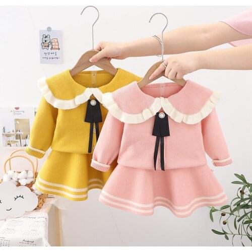 Fashion Spring Autumn Knitwear Girls 2pcs Clothes Set Baby Pullover Sweater+Pleated Skirt Sweet Kids Children Suit Outfit ADK171