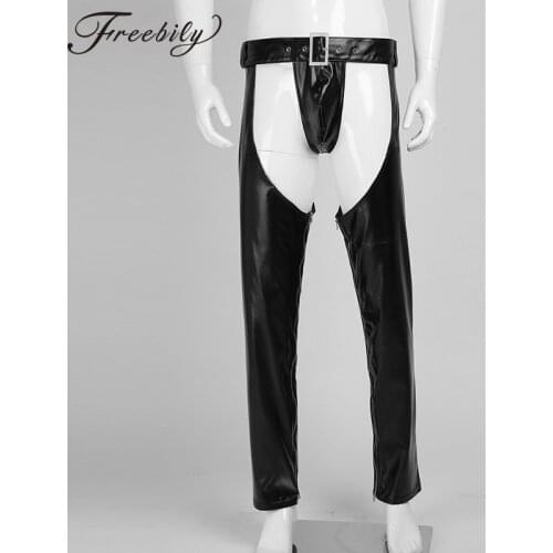 Mens Lingerie Faux Leather Crotchless Zippered Tight Pants Leggings Trousers with G-string Stage Performance for Club Party