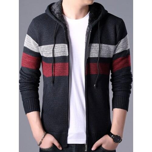 2020 Spring Autumn Men Fleece Knitted Sweater Mens Striped Hooded Sweatercoat Masculino Warm Cardigan Male Sweaters Coats