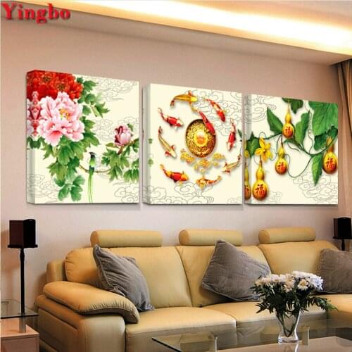 3 Piece Chinese style,Needlework Diy Diamond Embroidery Koi fish Diamond Painting Cross Stitch Full Square Round Mosaic Kit