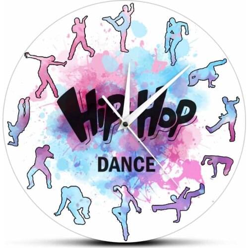 Watercolor Splash Hip Hop Dancers Silent Non Ticking Wall Clock Boys Room Décor Street Dance Breakdancing Printed Wall Clock