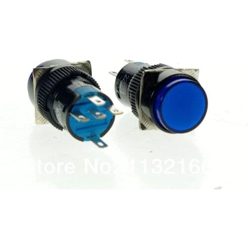 10pcs 12VDC Pilot Light Lamp 16mm Hole Color Blue 1NO 1NC Contact 5 Pin SPST Momentary Push Button Switch