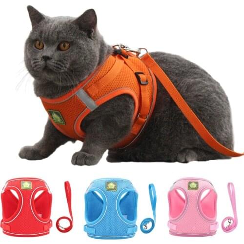 Adjustable Kitten Collar Polyester Mesh Harness For Small Medium Dogs Reflective Puppy Cat Harness Vest With Walking Lead Leash