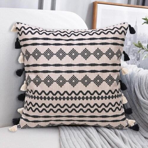 Modern Throw Pillow Case Geometry Printed Cushion Cover With Tassels Black Jacquard Print Pillowcase Home Textiles