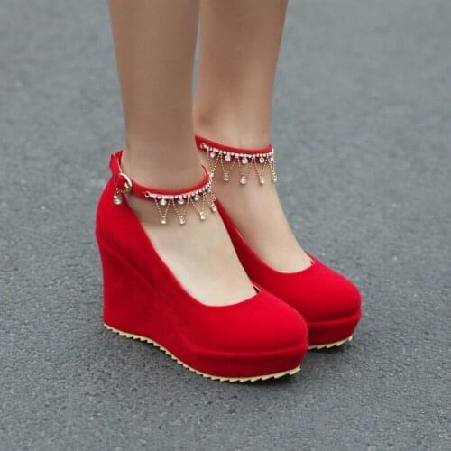 US4-11 Womens Platform Round Toe Belt Buckle Rhinestones Tassel Wedge High Heel Retor Lolita Shoes Pumps Plus Size Black Red