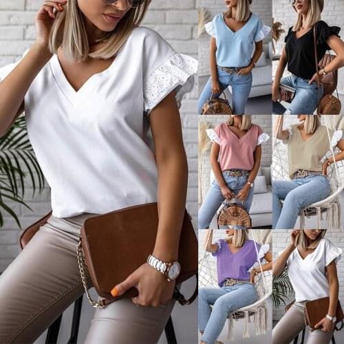 2021 New Sexy V Neck Short Sleeve Solid Womens Blouses Shirt Fashion White Lace Patchwork Casual Vintage Ladies Tops Plus Size
