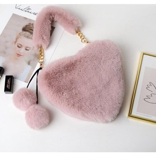 Women Solid Faux Fur Handbag with Fur Pompom Gold Chain Fur Handle Girls Pink Ivory Mustard Fur Winter Shoulder Bag Tote Bag-302