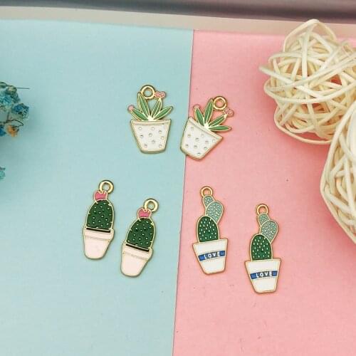 10pcs/lot DIY Alloy Metal Enamel Cactus Charms Fashion Potted Succulent Plants Pendants For Bracelet Earrings Jewelry Making